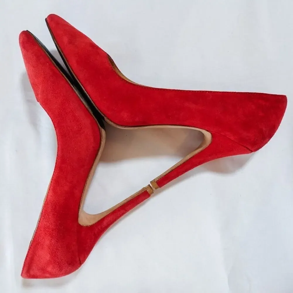 Anthropologie Vanessa Tao Pointed Toe Pumps Size 38 7.5 Red Suede Leather Heels‎